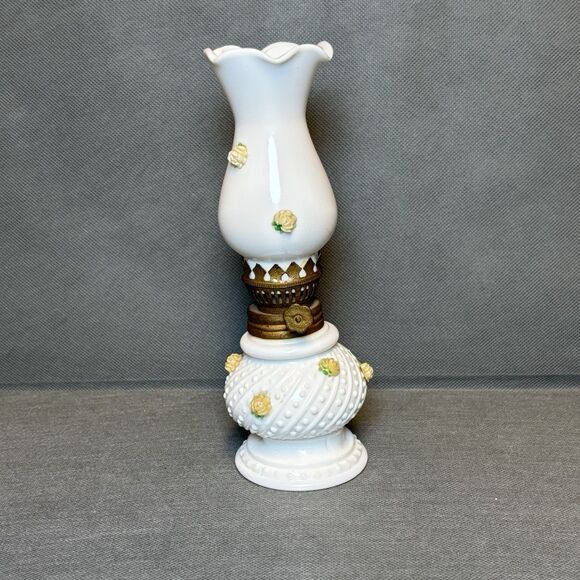 Vintage Miniature Opaline Hobnail Milk Glass Oil Lamp With UV Yellow Roses - Picture 1 of 10